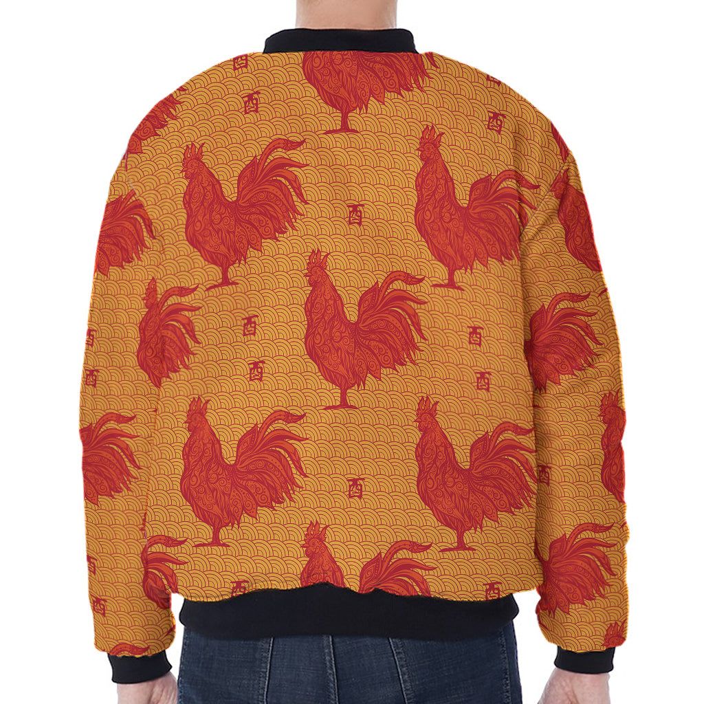 Chinese Rooster Pattern Print Zip Sleeve Bomber Jacket