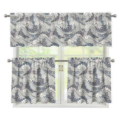 Chinese Sea Dragon Pattern Print 3 Piece Kitchen Curtains