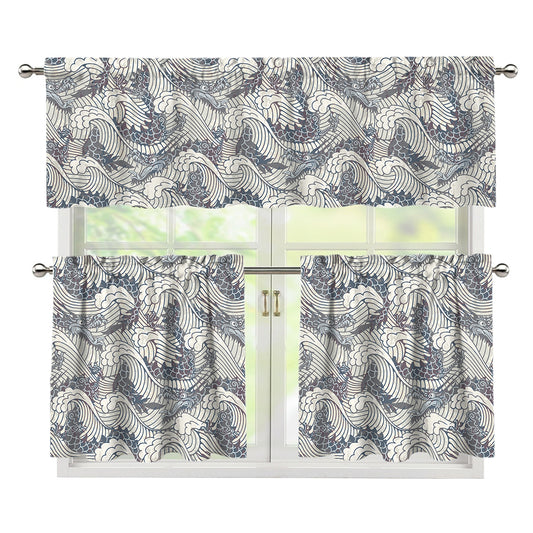 Chinese Sea Dragon Pattern Print 3 Piece Kitchen Curtains