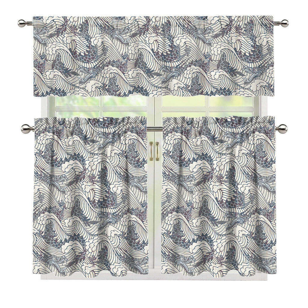 Chinese Sea Dragon Pattern Print 3 Piece Kitchen Curtains