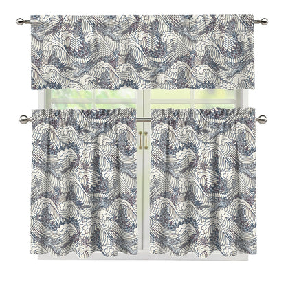 Chinese Sea Dragon Pattern Print 3 Piece Kitchen Curtains