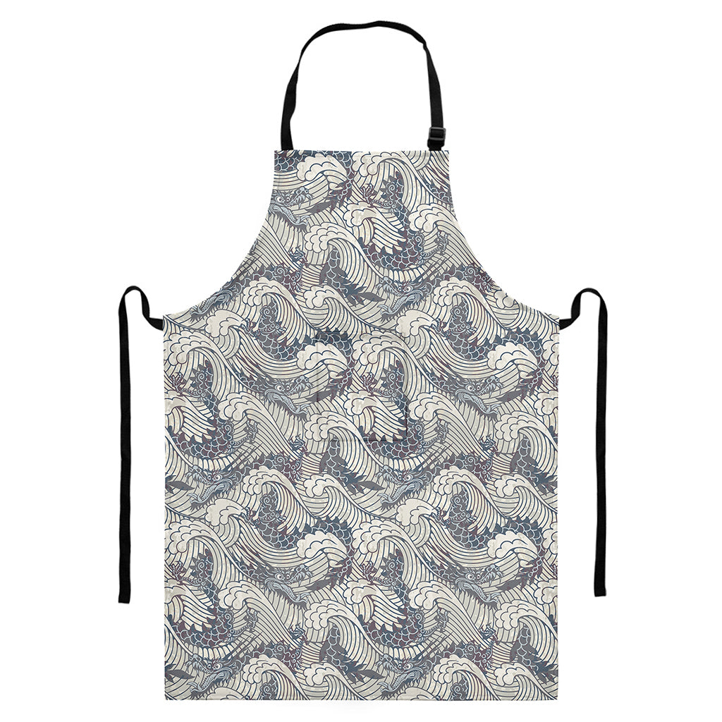 Chinese Sea Dragon Pattern Print Bib Apron With Pocket