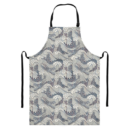 Chinese Sea Dragon Pattern Print Bib Apron With Pocket