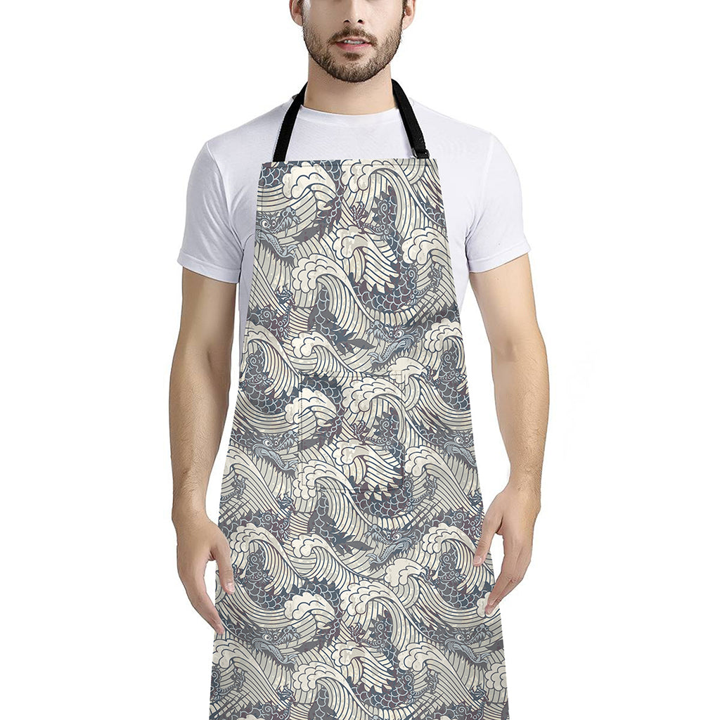 Chinese Sea Dragon Pattern Print Bib Apron With Pocket