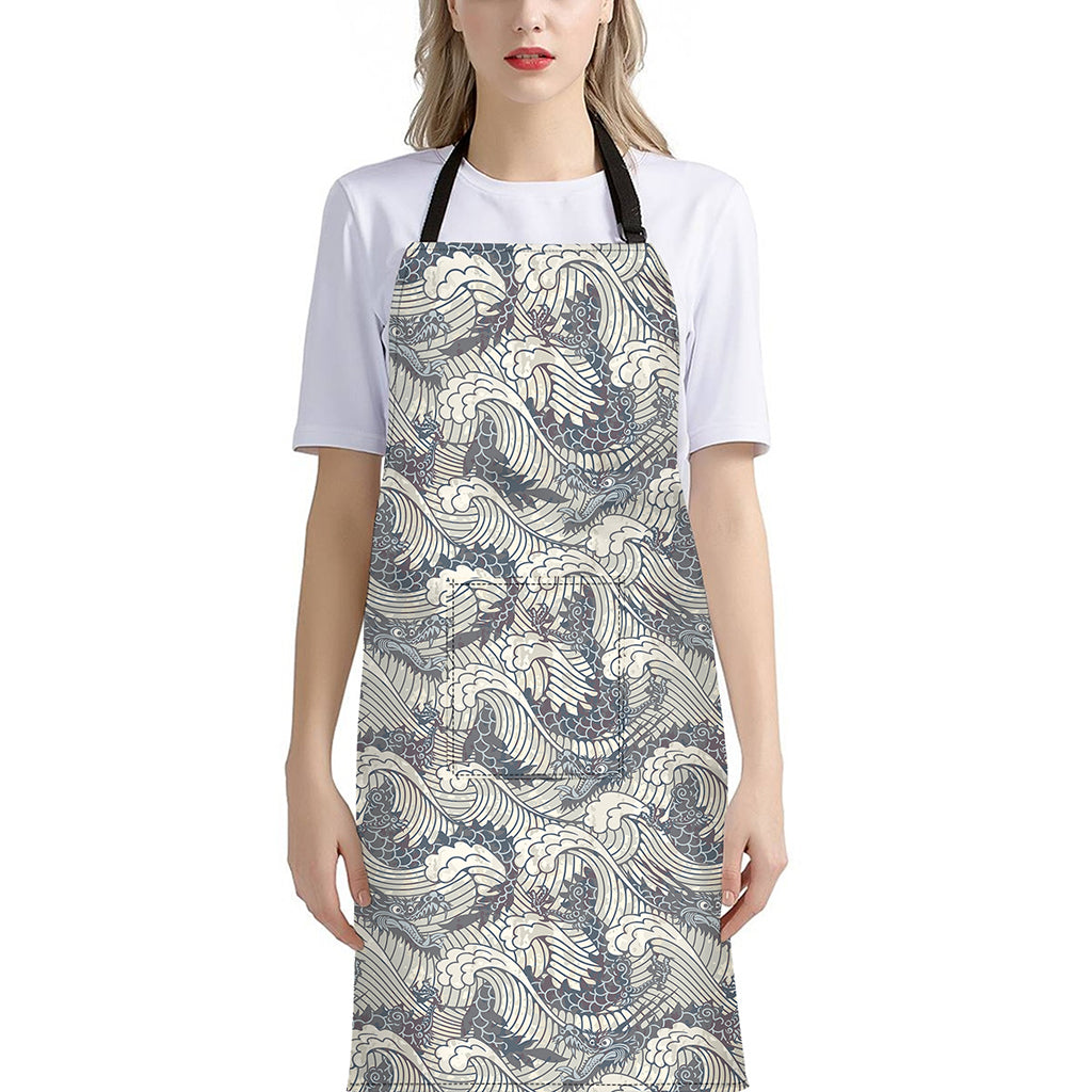 Chinese Sea Dragon Pattern Print Bib Apron With Pocket