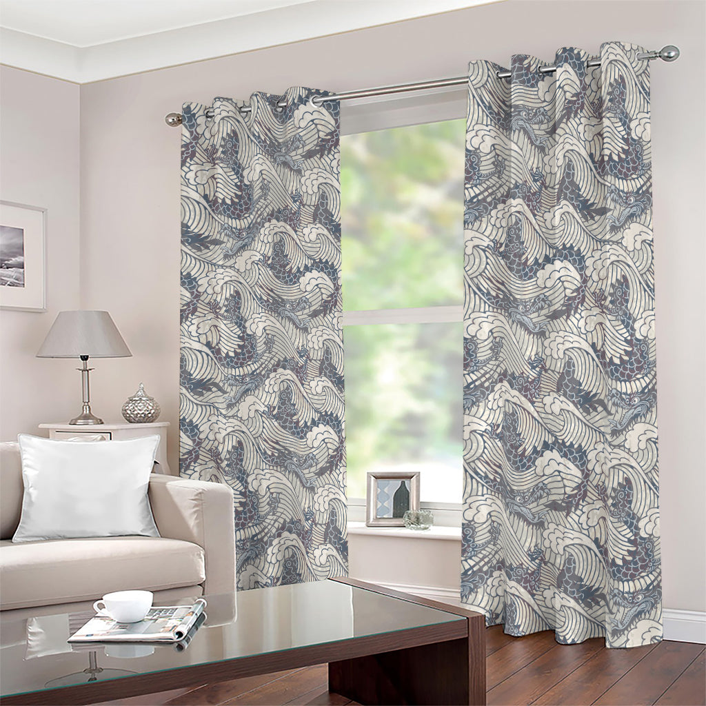 Chinese Sea Dragon Pattern Print Blackout Grommet Curtains