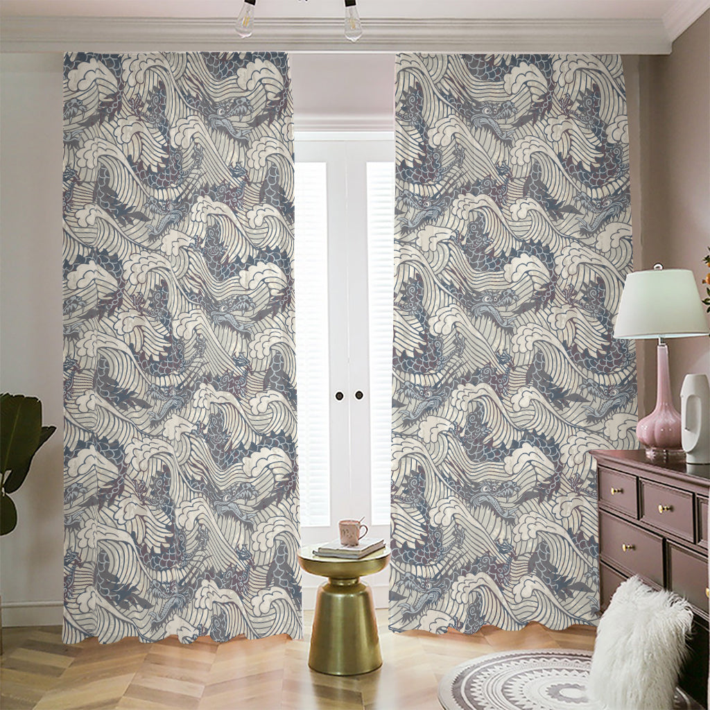 Chinese Sea Dragon Pattern Print Blackout Pencil Pleat Curtains