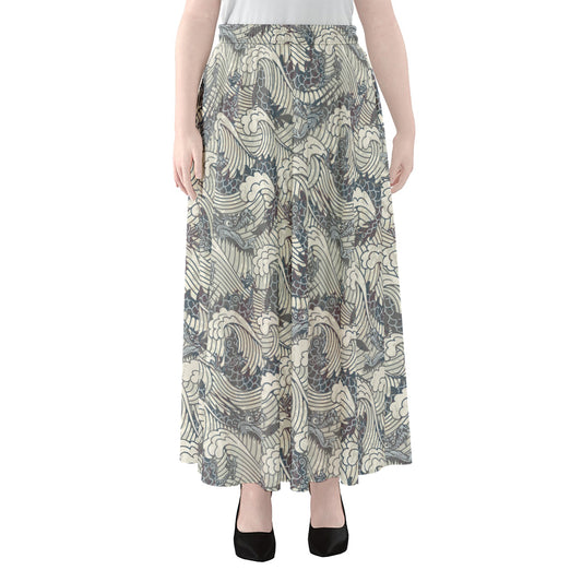 Chinese Sea Dragon Pattern Print Chiffon Maxi Skirt