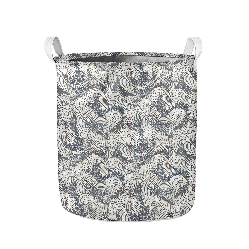 Chinese Sea Dragon Pattern Print Collapsible Laundry Basket