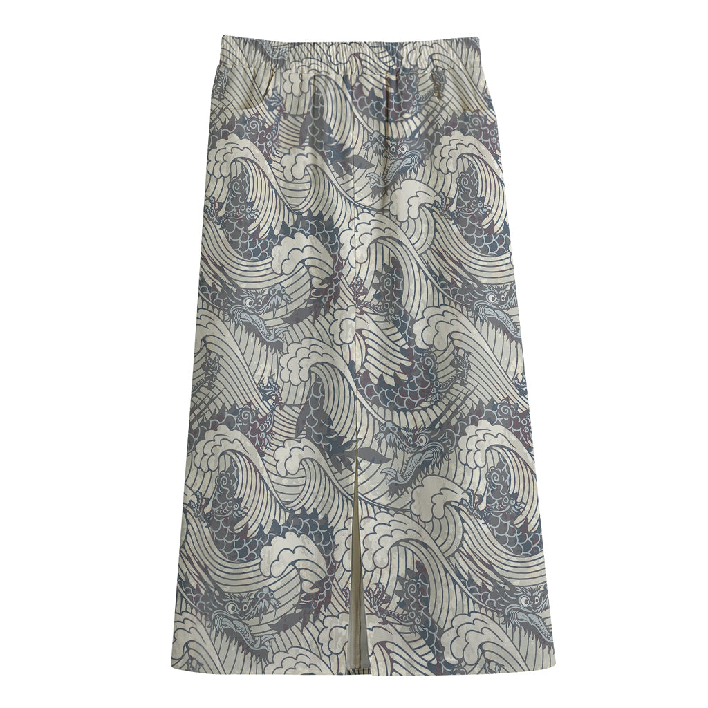 Chinese Sea Dragon Pattern Print Cotton Front Slit Maxi Skirt