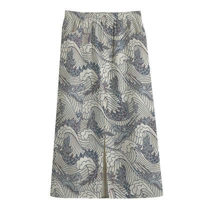 Chinese Sea Dragon Pattern Print Cotton Front Slit Maxi Skirt