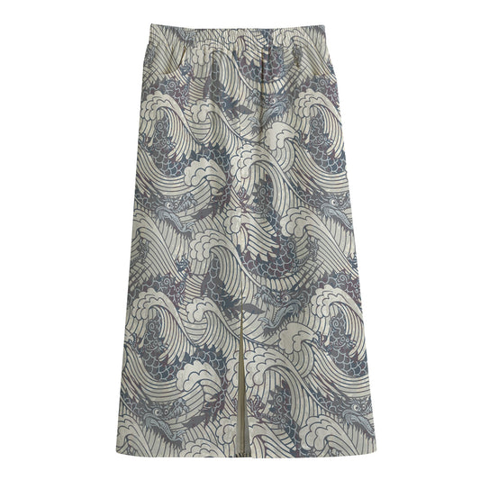Chinese Sea Dragon Pattern Print Cotton Front Slit Maxi Skirt