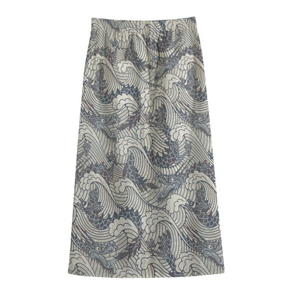 Chinese Sea Dragon Pattern Print Cotton Front Slit Maxi Skirt