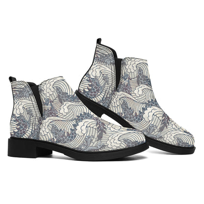 Chinese Sea Dragon Pattern Print Flat Ankle Boots