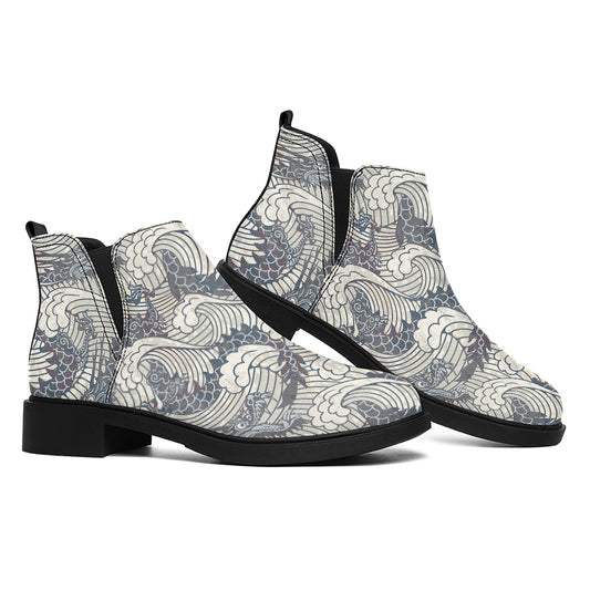Chinese Sea Dragon Pattern Print Flat Ankle Boots