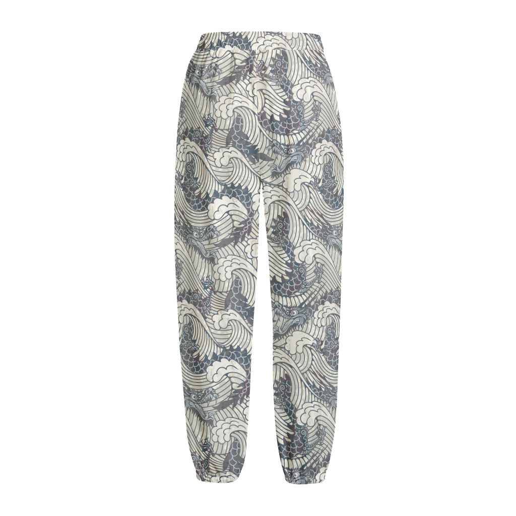 Chinese Sea Dragon Pattern Print Fleece Lined Knit Pants