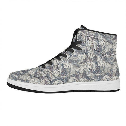 Chinese Sea Dragon Pattern Print High Top Leather Sneakers
