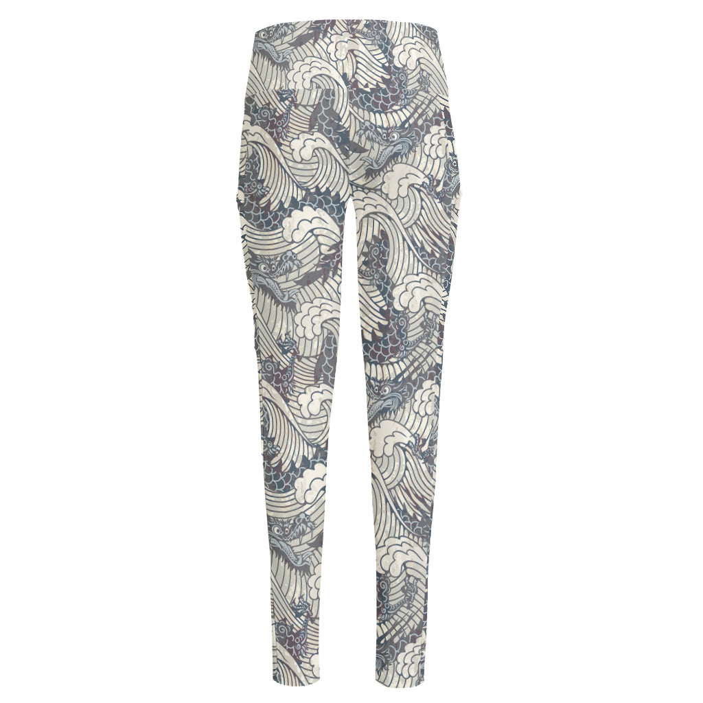 Chinese Sea Dragon Pattern Print High-Waisted Pocket Leggings