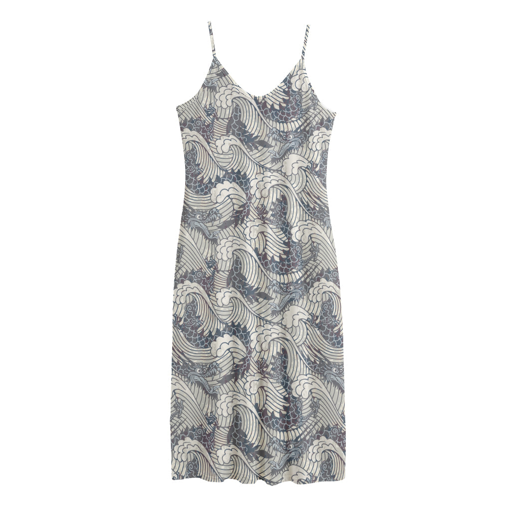 Chinese Sea Dragon Pattern Print Jersey Midi Cami Dress