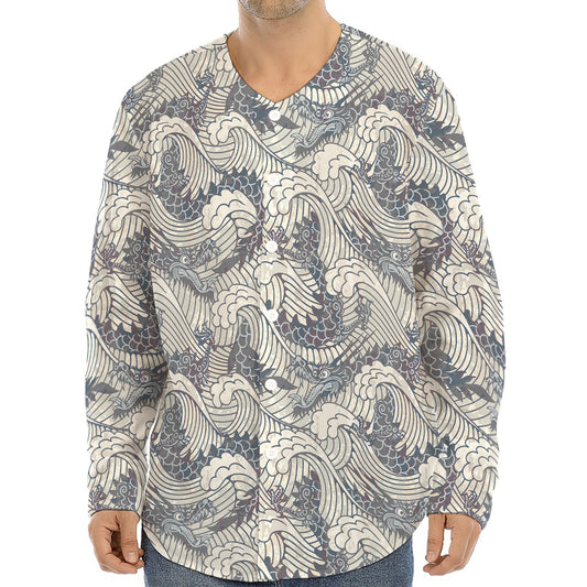 Chinese Sea Dragon Pattern Print Long Sleeve Baseball Jersey