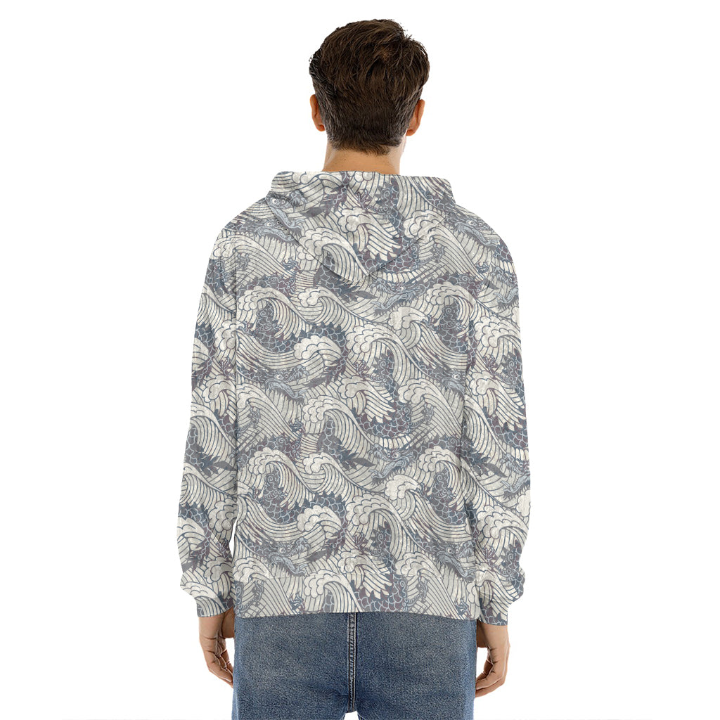 Chinese Sea Dragon Pattern Print Men's Velvet Pullover Hoodie