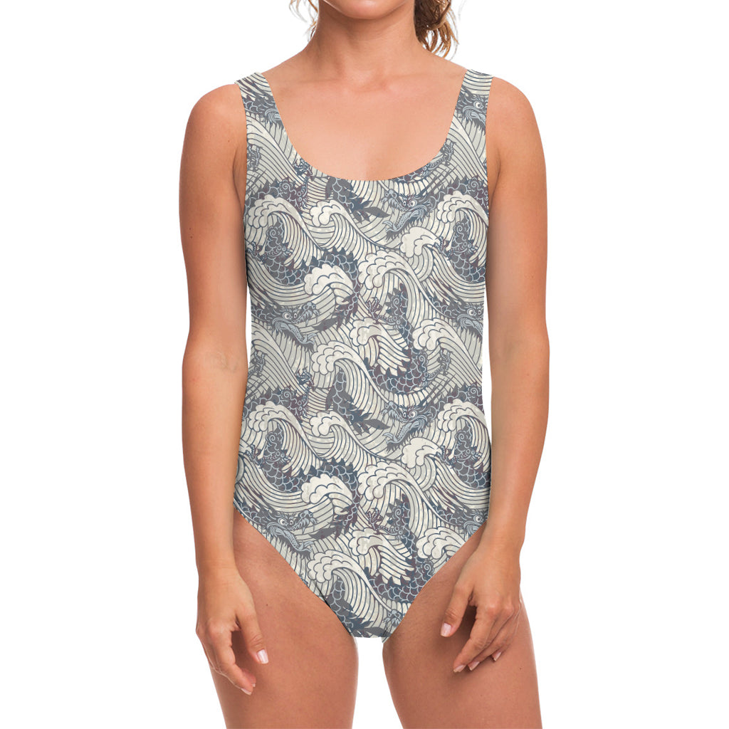 Chinese Sea Dragon Pattern Print One Piece Swimsuit