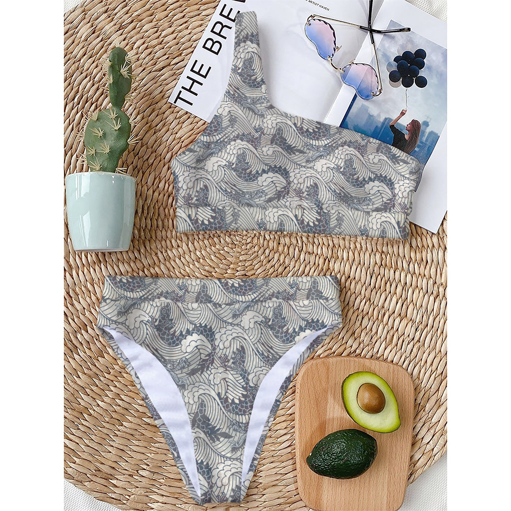 Chinese Sea Dragon Pattern Print One Shoulder Bikini Top