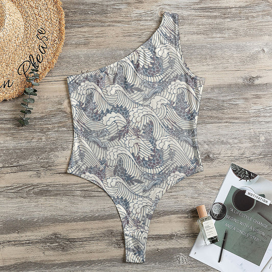 Chinese Sea Dragon Pattern Print One Shoulder Bodysuit