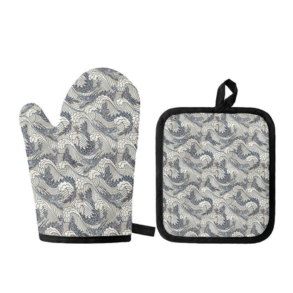 Chinese Sea Dragon Pattern Print Oven Mitt And Pot Holder Set