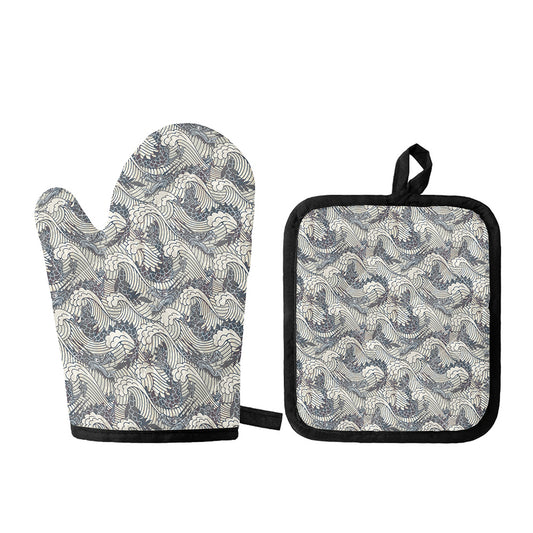 Chinese Sea Dragon Pattern Print Oven Mitt And Pot Holder Set