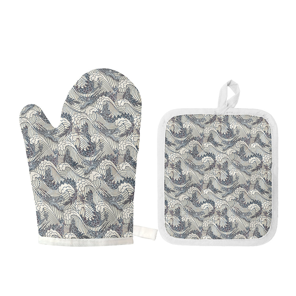 Chinese Sea Dragon Pattern Print Oven Mitt And Pot Holder Set