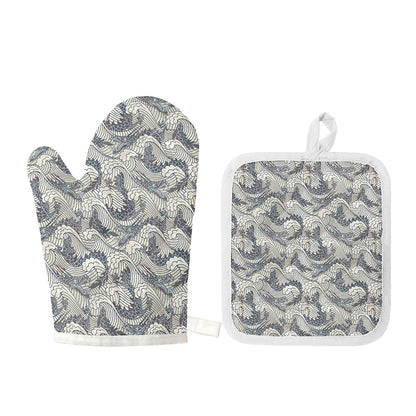 Chinese Sea Dragon Pattern Print Oven Mitt And Pot Holder Set