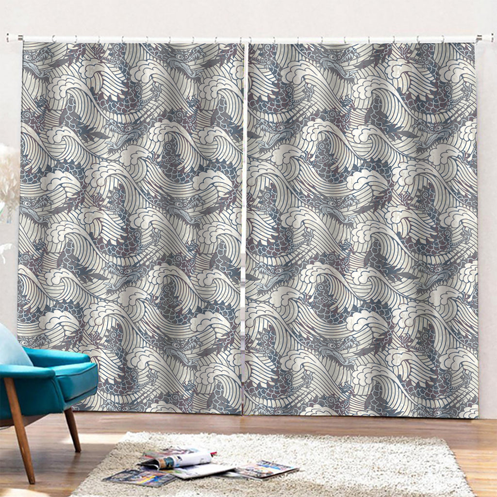 Chinese Sea Dragon Pattern Print Pencil Pleat Curtains