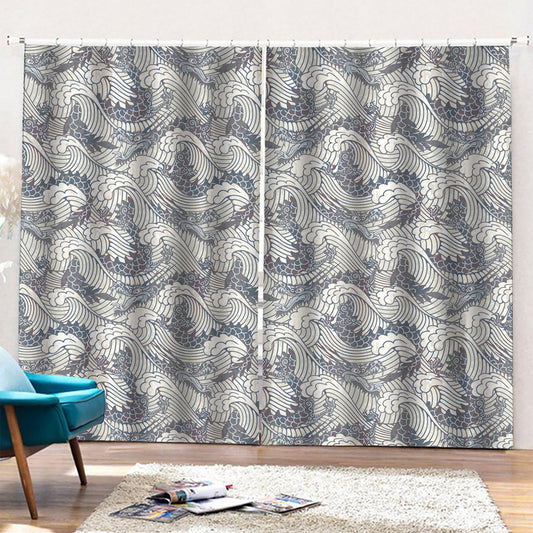 Chinese Sea Dragon Pattern Print Pencil Pleat Curtains