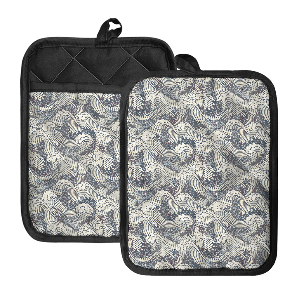 Chinese Sea Dragon Pattern Print Pot Holders With Pocket