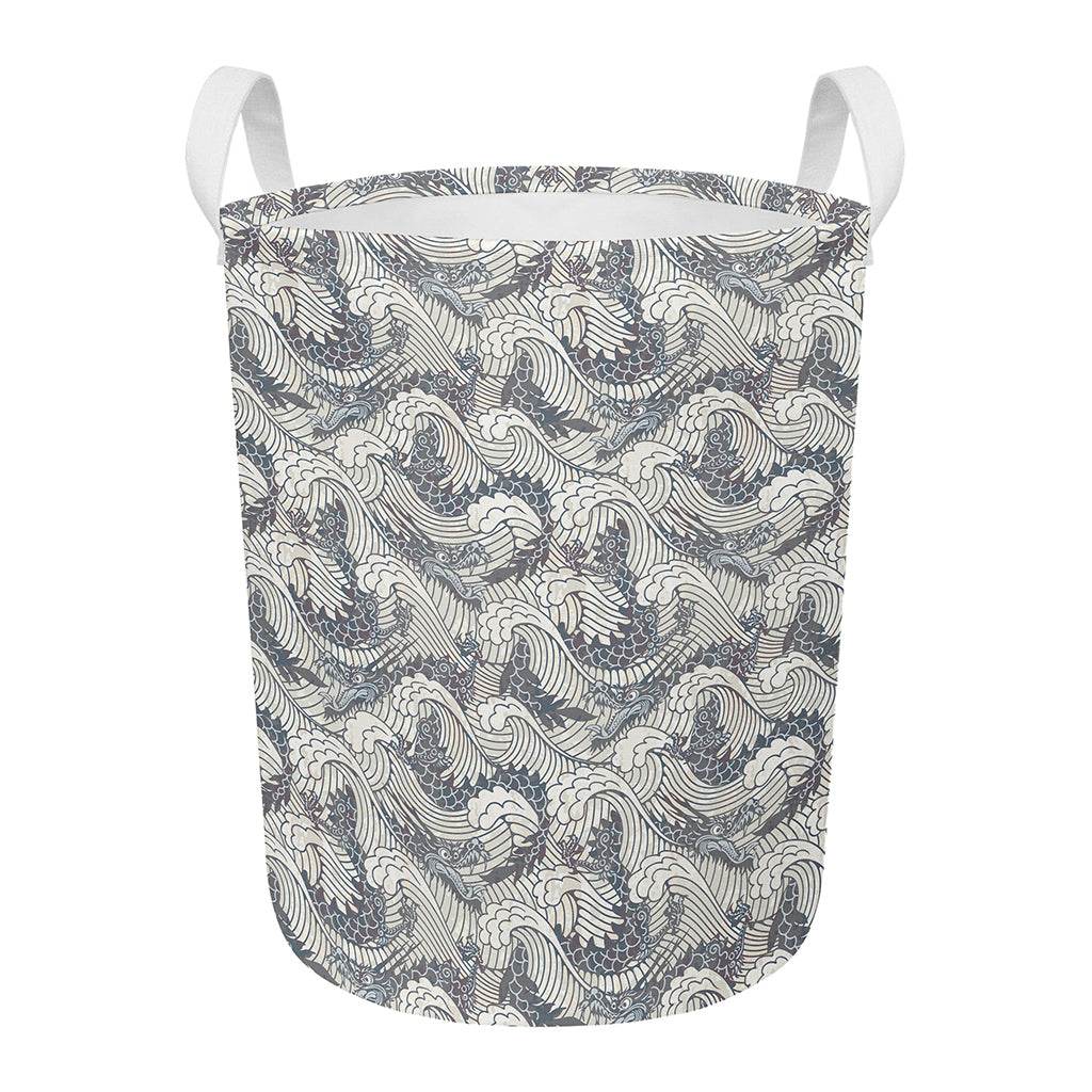 Chinese Sea Dragon Pattern Print Round Laundry Basket