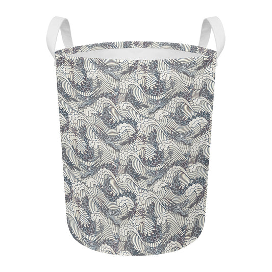 Chinese Sea Dragon Pattern Print Round Laundry Basket