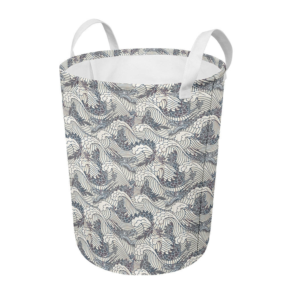 Chinese Sea Dragon Pattern Print Round Laundry Basket