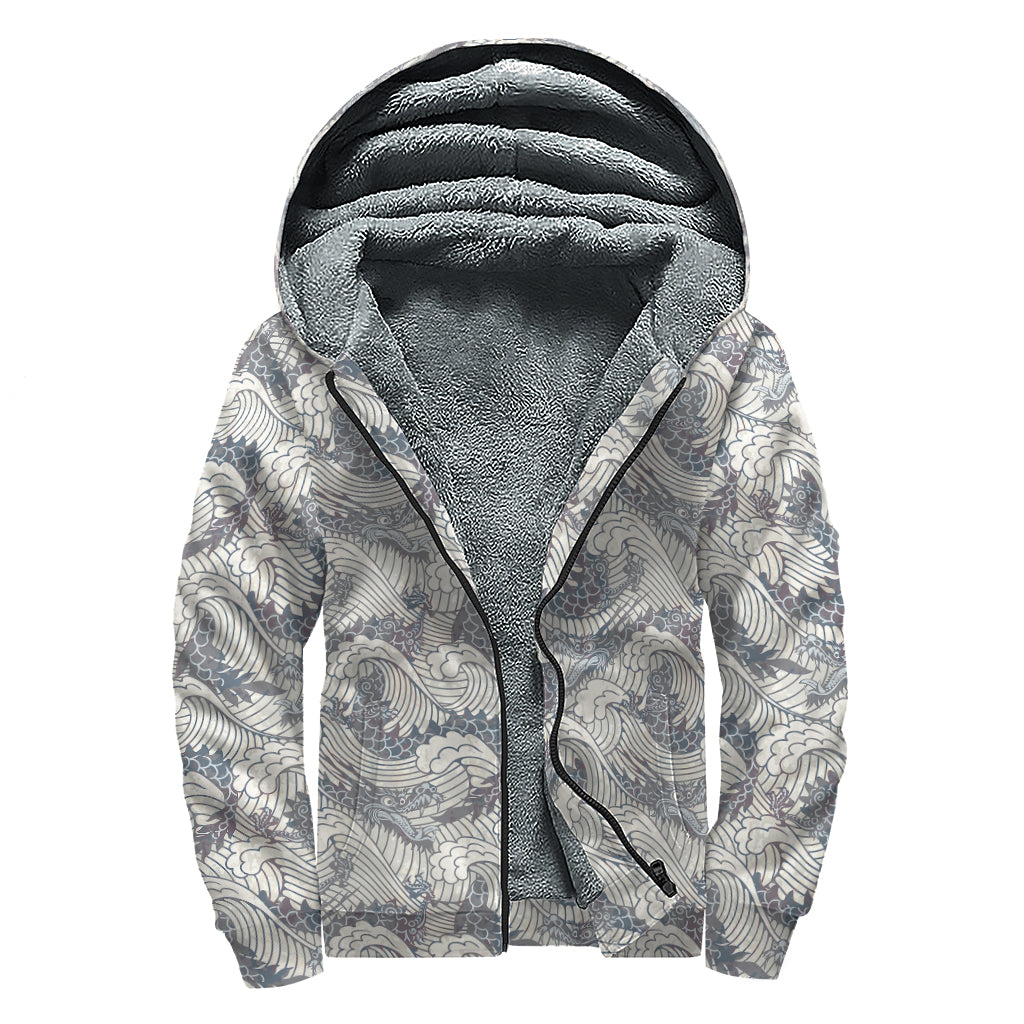Chinese Sea Dragon Pattern Print Sherpa Lined Zip Up Hoodie