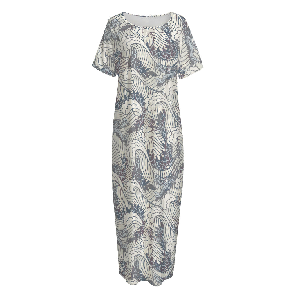 Chinese Sea Dragon Pattern Print Short Sleeve Long Nightdress