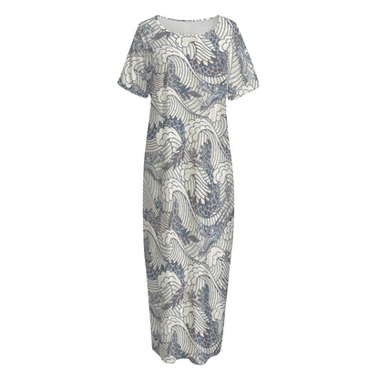 Chinese Sea Dragon Pattern Print Short Sleeve Long Nightdress