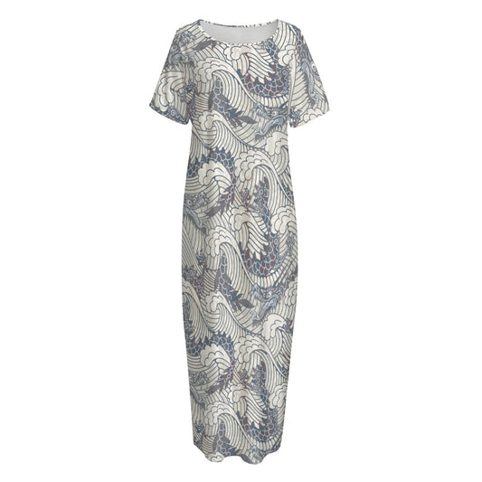 Chinese Sea Dragon Pattern Print Short Sleeve Long Nightdress