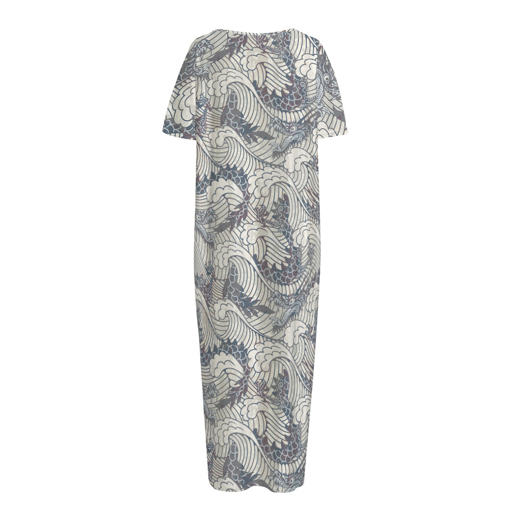 Chinese Sea Dragon Pattern Print Short Sleeve Long Nightdress