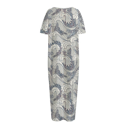 Chinese Sea Dragon Pattern Print Short Sleeve Long Nightdress