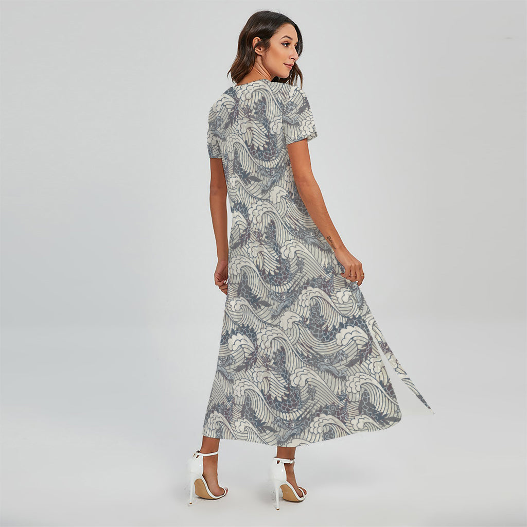 Chinese Sea Dragon Pattern Print Short Sleeve Maxi Dress