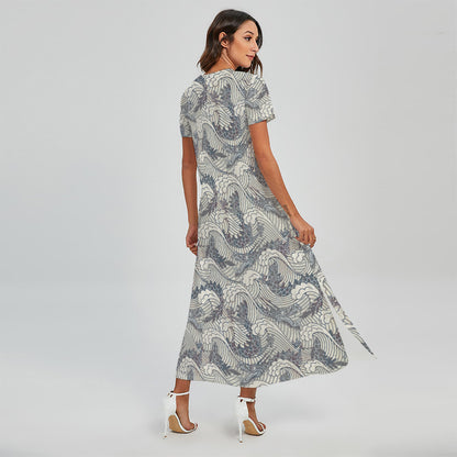 Chinese Sea Dragon Pattern Print Short Sleeve Maxi Dress