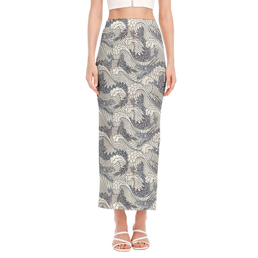 Chinese Sea Dragon Pattern Print Side Slit Maxi Skirt