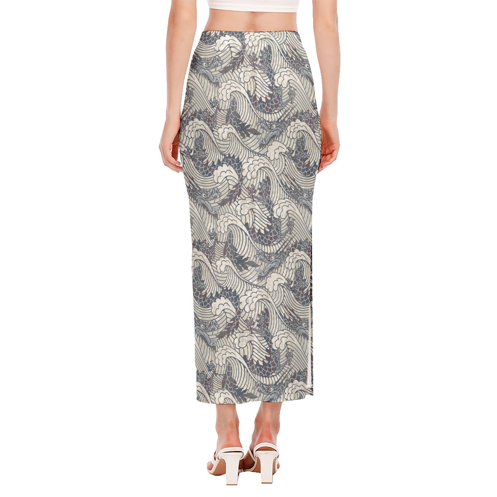 Chinese Sea Dragon Pattern Print Side Slit Maxi Skirt
