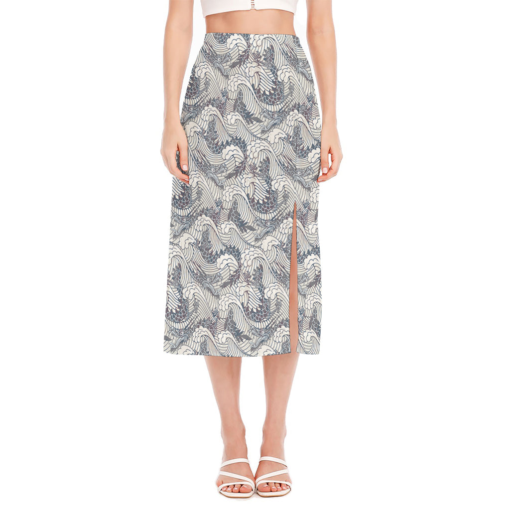 Chinese Sea Dragon Pattern Print Side Slit Midi Skirt