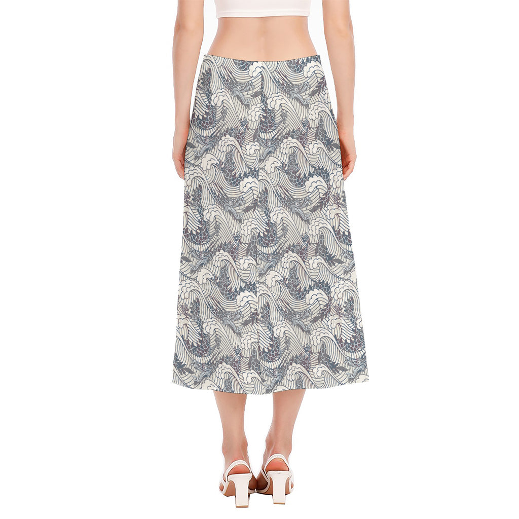 Chinese Sea Dragon Pattern Print Side Slit Midi Skirt